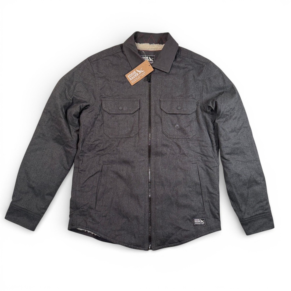 Eddie Bauer Men Faux Shearling Lined Zip Shirt Jacket Grey Herringbone Small NWT